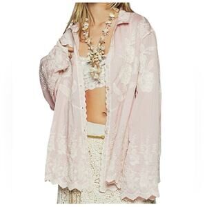 Women’s Pink Cream Floral & Lace Embroidered Long Sleeve Button Blouse/Shacket